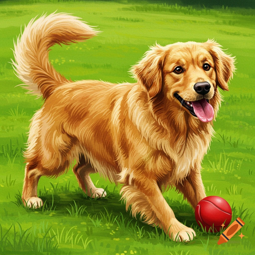 A Golden Retriever dog with a red ball on grass.