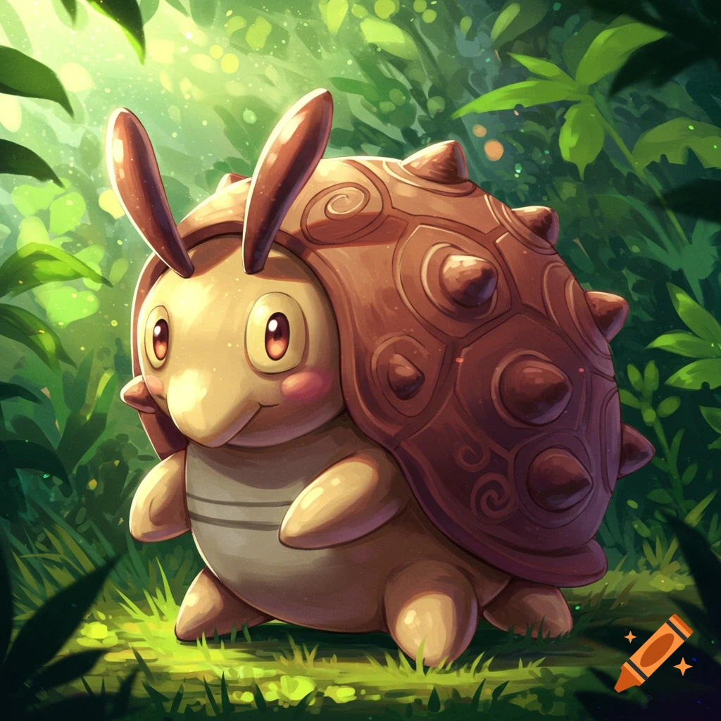 The Pokemon Shuckle is standing in a lush forest.