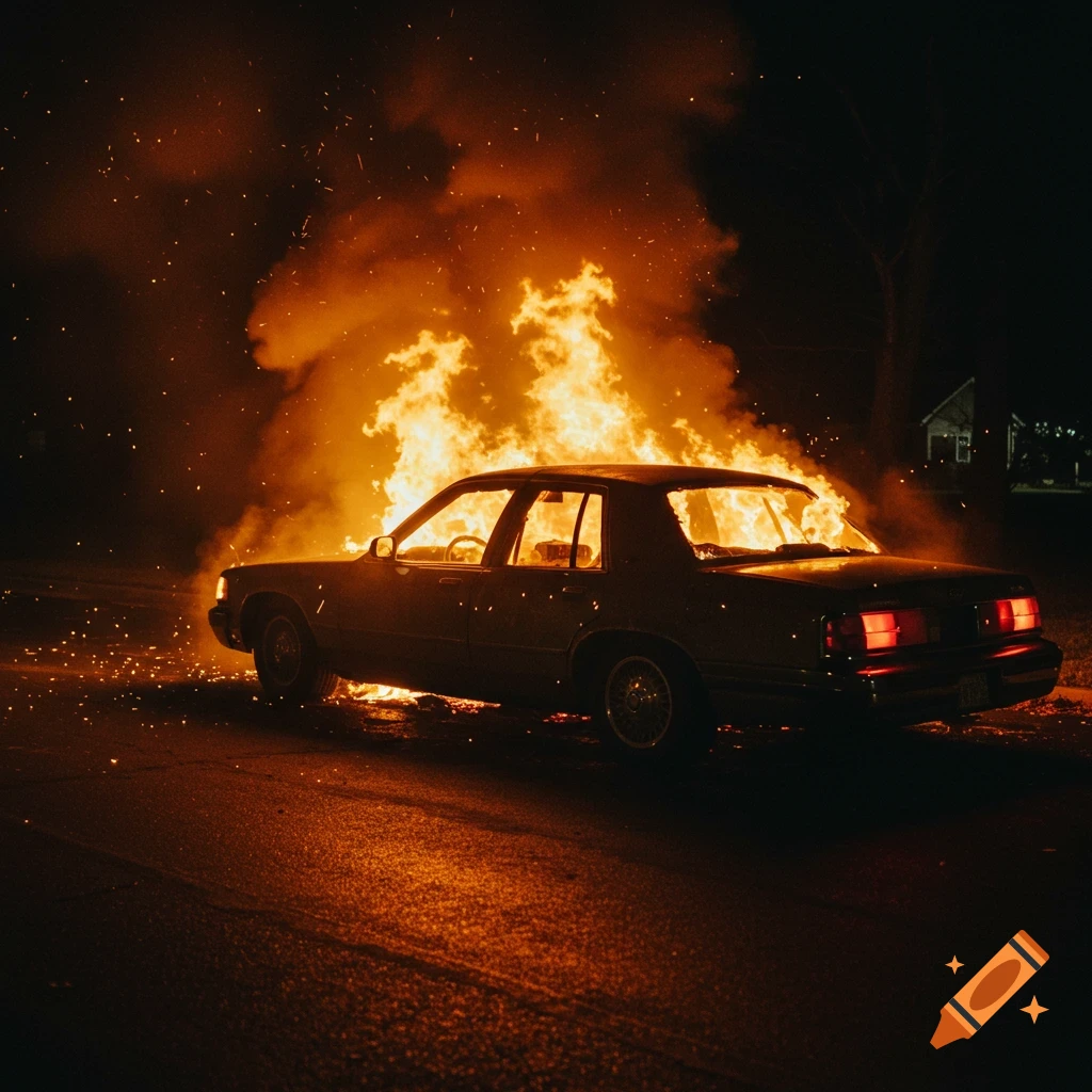 A car is engulfed in flames at night, sparks flying. Photorealistic style.