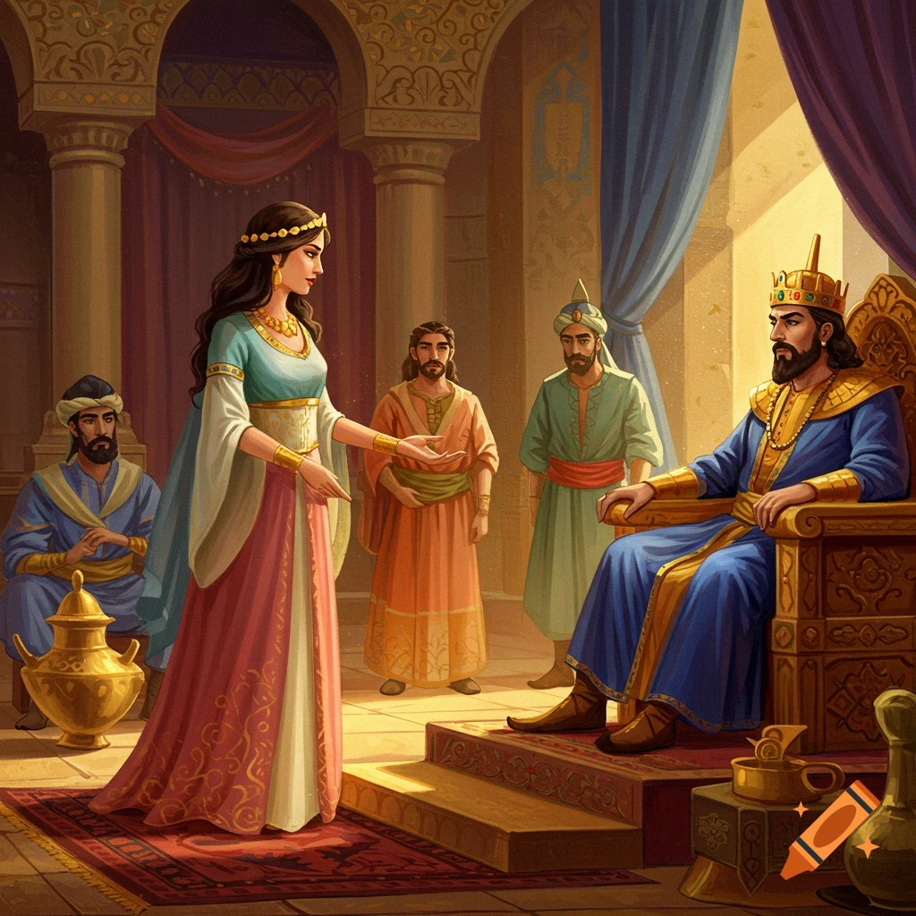 A woman stands before a king on a throne, surrounded by attendants in a richly decorated room.