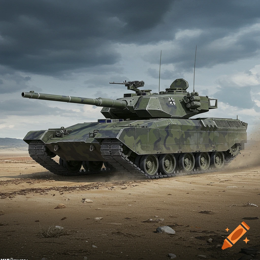 A modern military tank in a desert landscape under a cloudy sky.