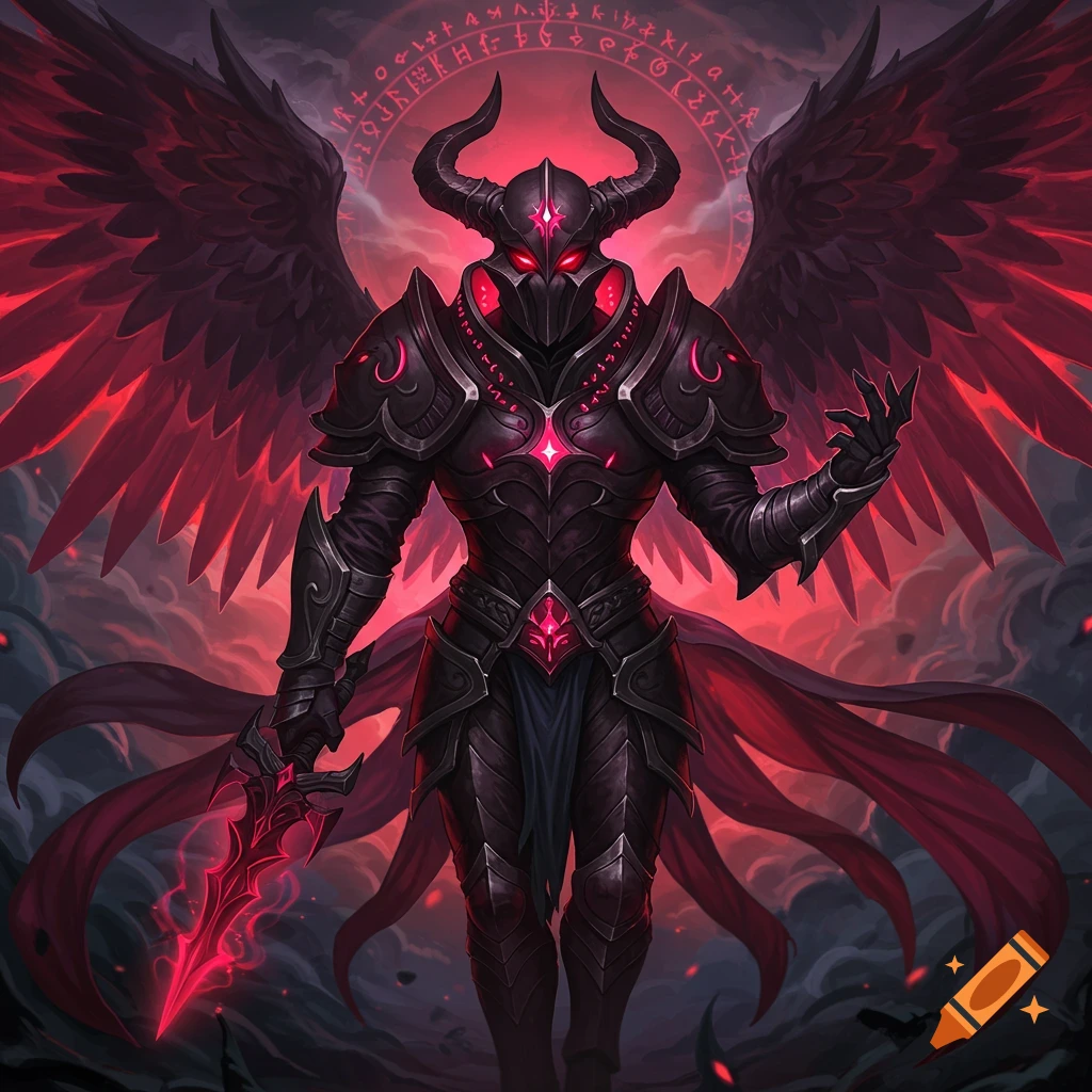 A dark fantasy figure in black armor with horns, red eyes, wings, and a glowing sword.