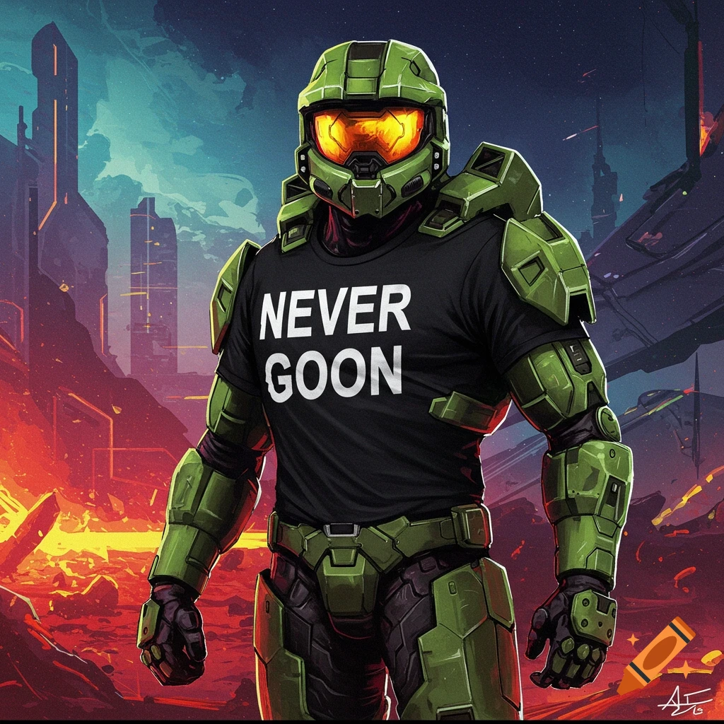 Master Chief in a black shirt that says 'NEVER GOON' stands in a sci-fi landscape.