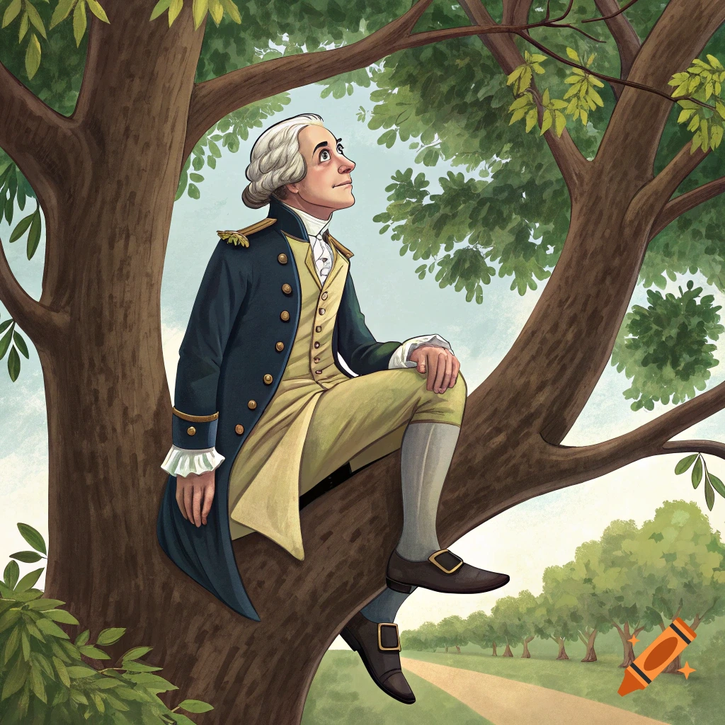 Illustration of George Washington in colonial attire sitting in a large tree.