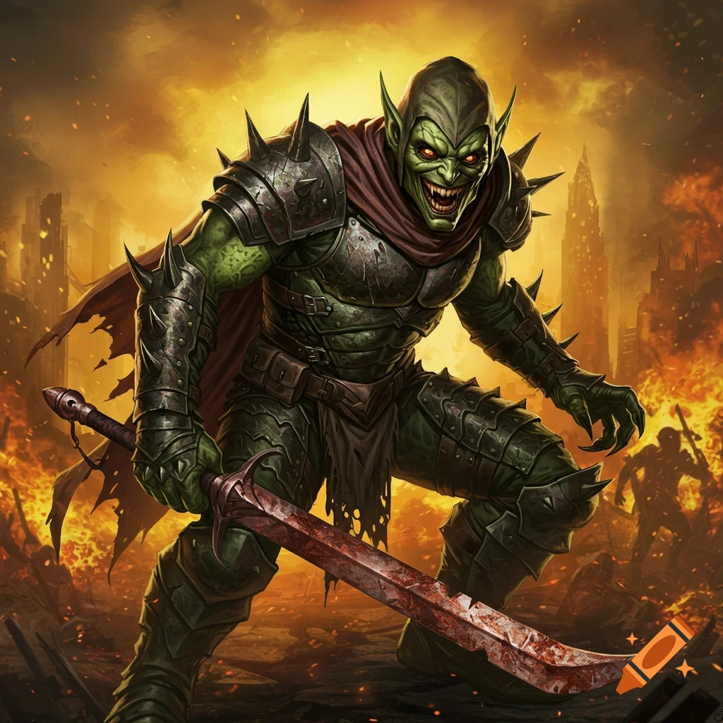 A green-skinned Hobgoblin in spiked armor holding a bloody sword in a burning city.