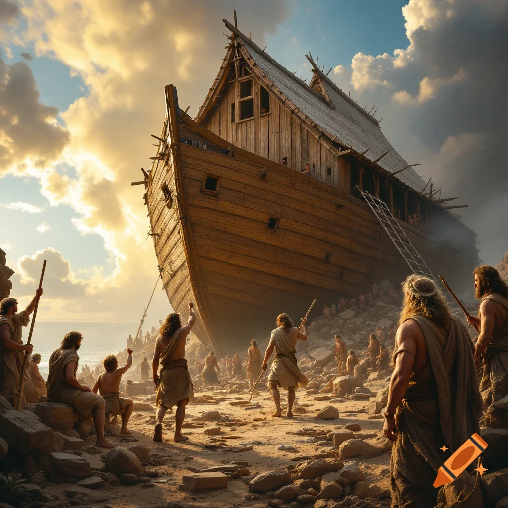 Hyperrealistic photo of people building a large wooden ark on a rocky shore