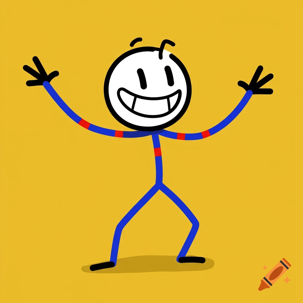 A stick figure with a smiling face and raised arms. It has blue limbs with red stripes and a white head.
