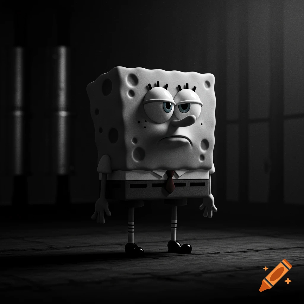 3D render of a sad Spongebob Squarepants standing in a dark room.