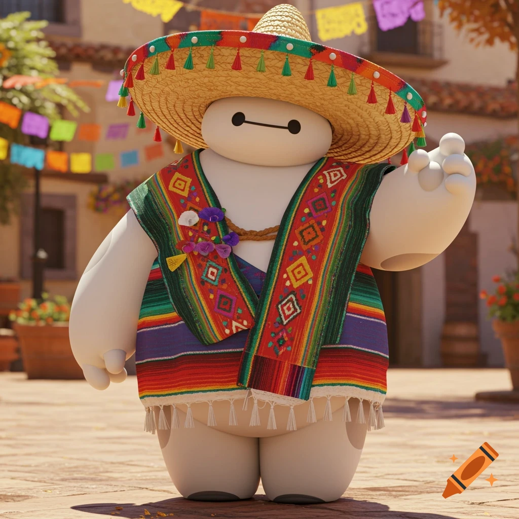 Baymax from Big Hero 6 wearing a sombrero and serape in a festive Mexican plaza.