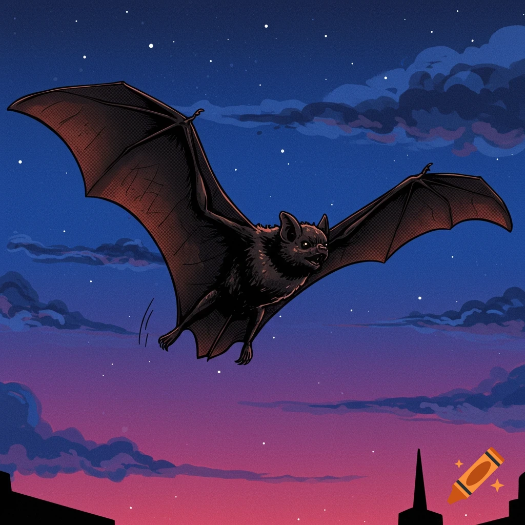 A digital illustration of a bat flying across a starry night sky above buildings.