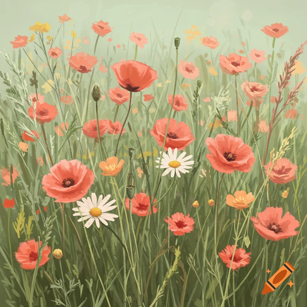 Wild flowers in sage green and soft coral colors.