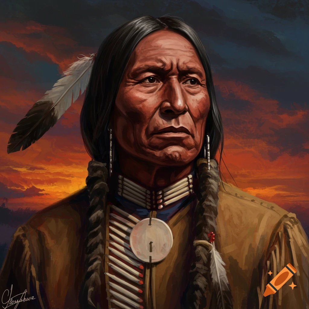 A man with long braids and feather against a sunset sky.