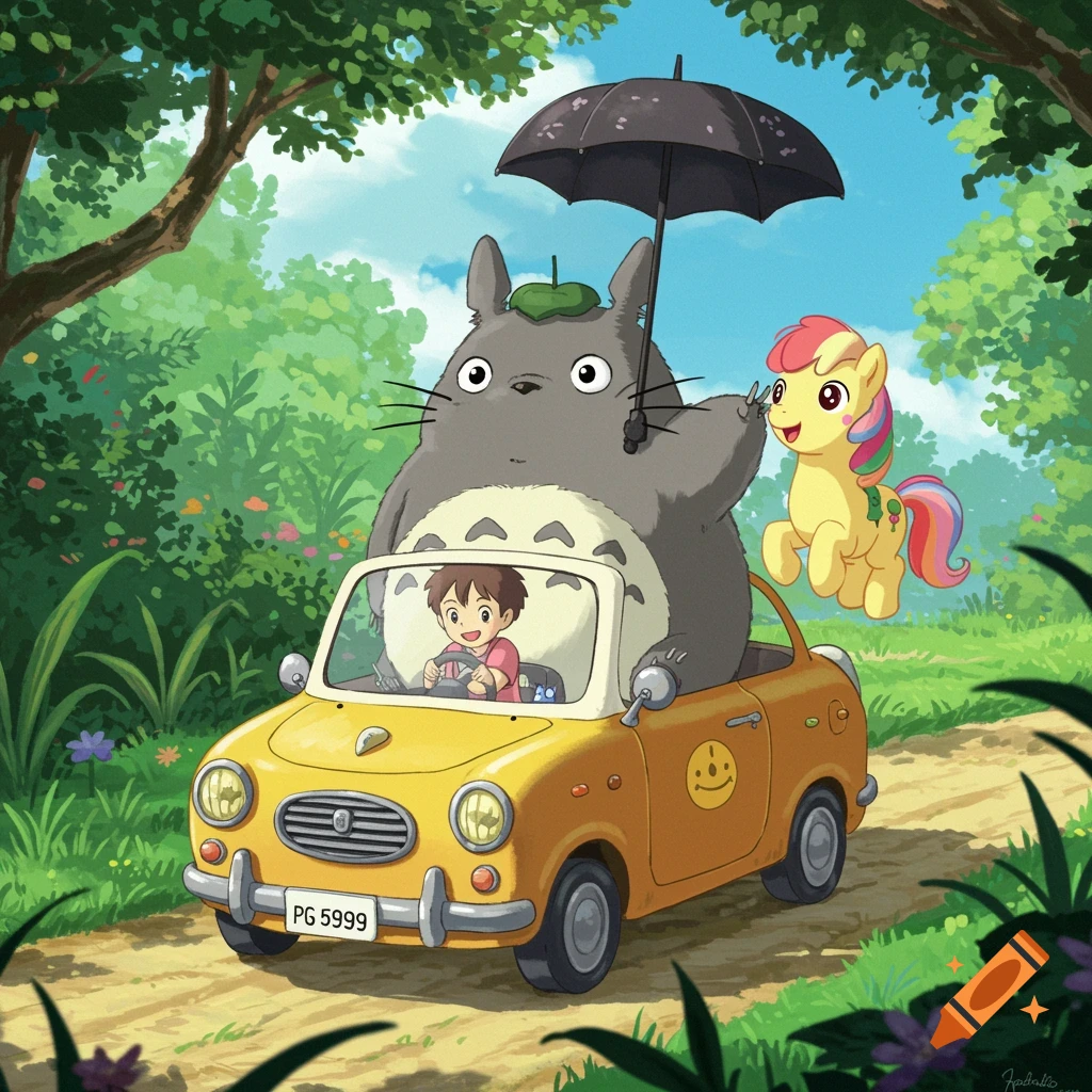 Totoro, a child, and a pony ride in a yellow cartoon car through a forest in a whimsical scene.