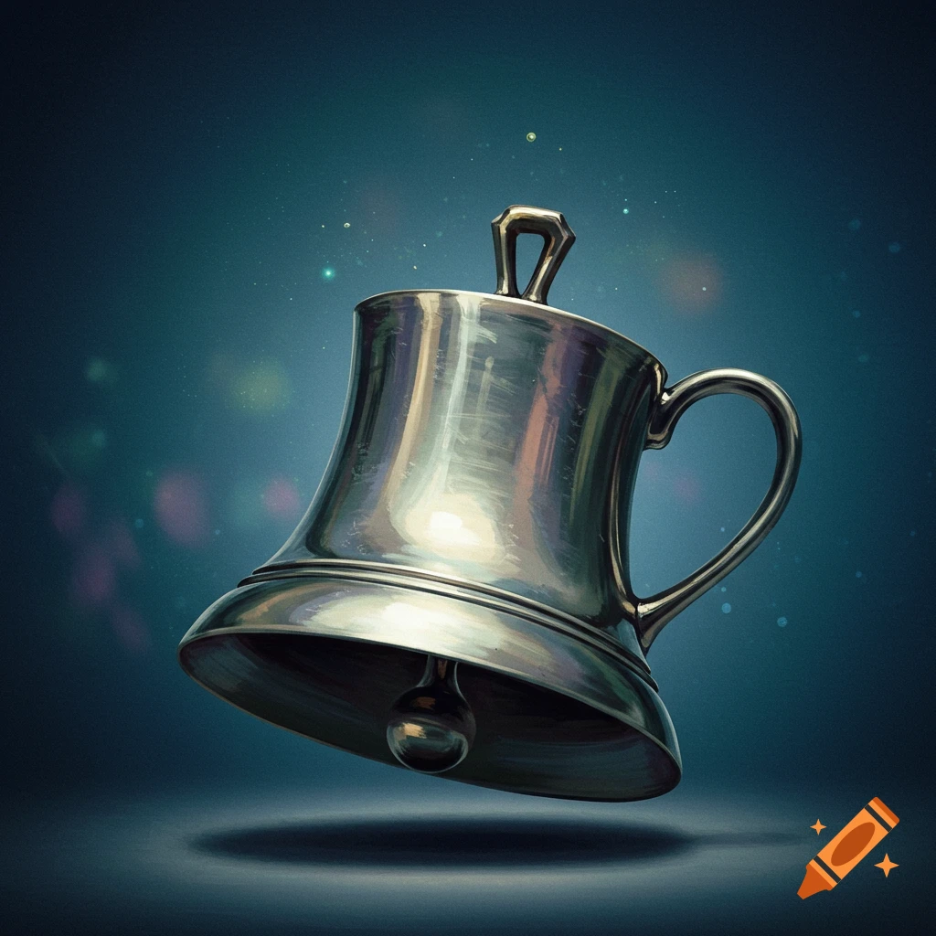 A metallic bell-shaped cup with a handle floats in a dark, starry void.
