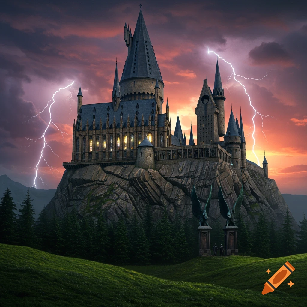A fantasy castle on a rocky hill under a stormy sky with lightning.