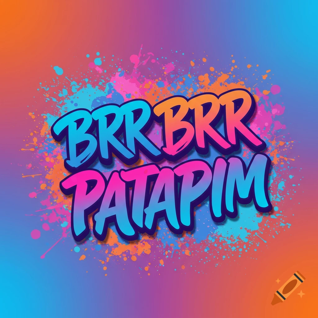 Stylized text "BRR BRR PATAPIM" with colorful paint splatters on an orange, pink, and blue gradient background.