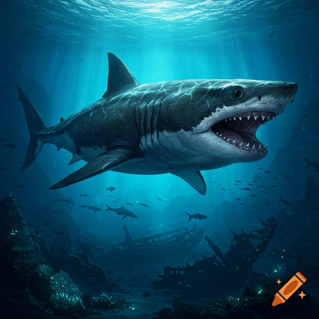 A huge shark swimming in the deep blue ocean over a shipwreck.