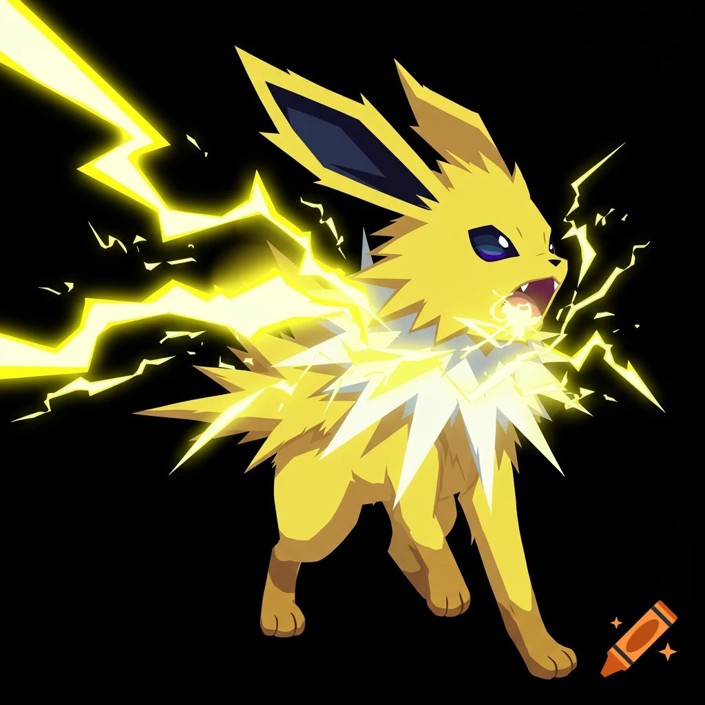Vector graphic of Jolteon, a yellow Pokemon, attacking with lightning on a black background.