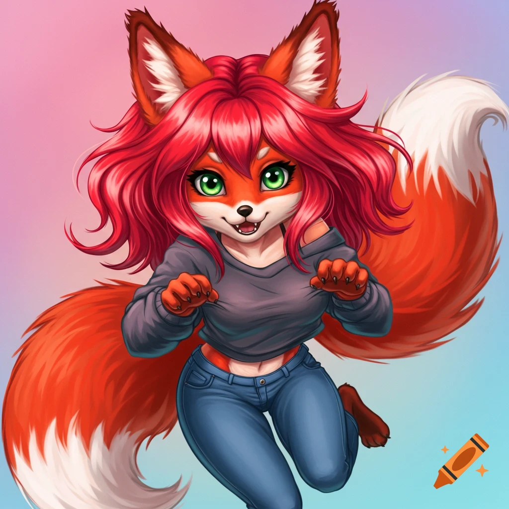 Cute fox girl with red hair and fur, green eyes, wearing a sweatshirt and jeans, pouncing.