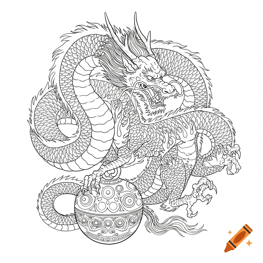 Chinese style line art of a dragon holding an ornate orb.