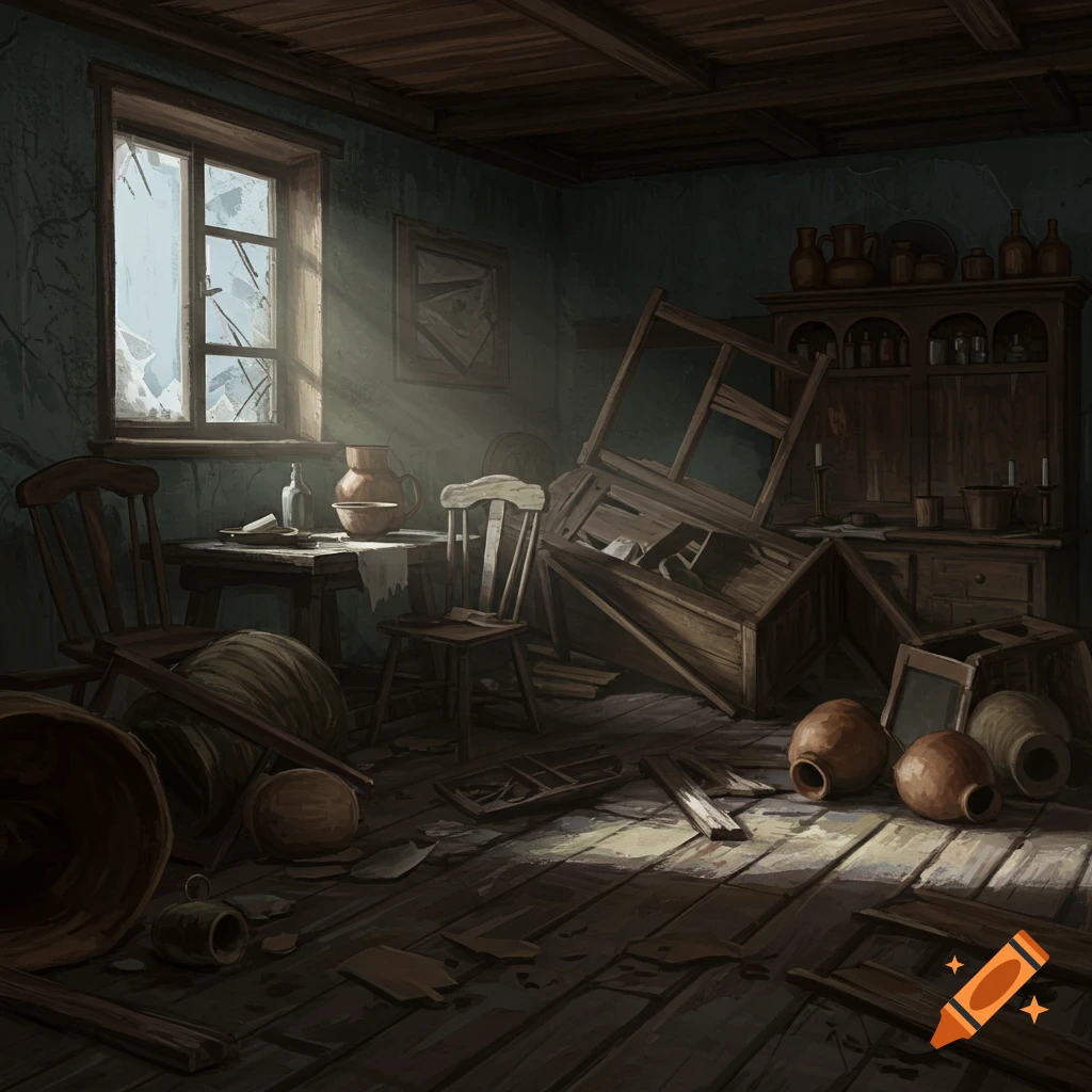 A messy, ransacked room with broken furniture and sun rays through a window.