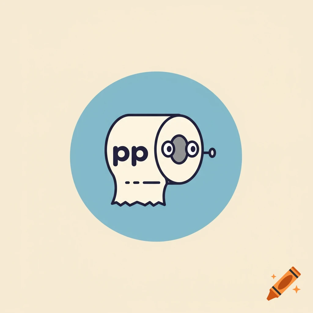 Cartoon toilet paper roll icon with eyes and text 'pp' in a blue circle.