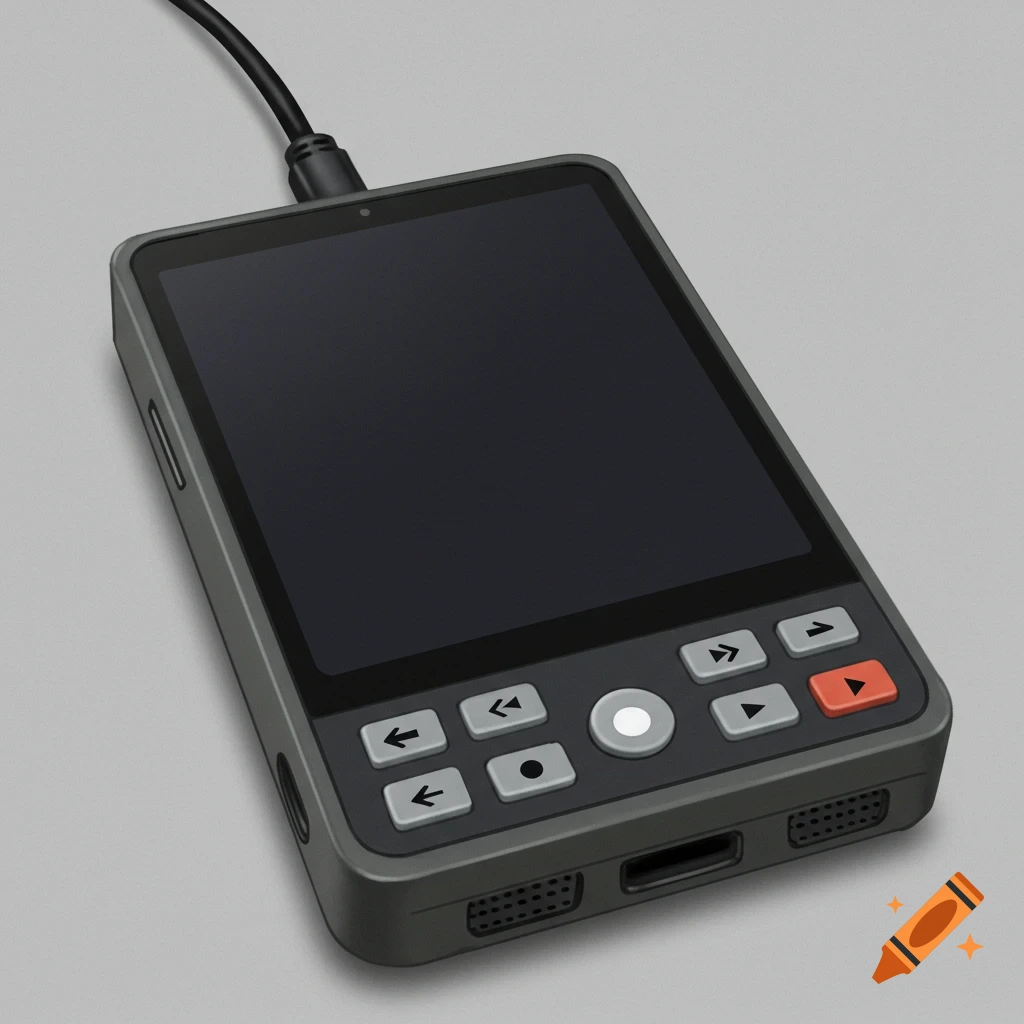 A dark gray handheld electronic device with a black screen, buttons, and a cable plugged in.