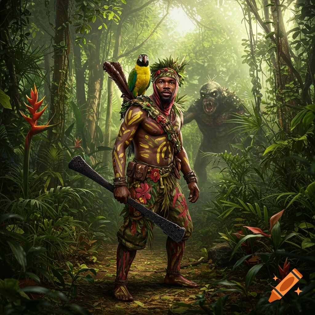 A man with body paint and a parrot on his shoulder holds a weapon in a jungle, with a monster behind him.