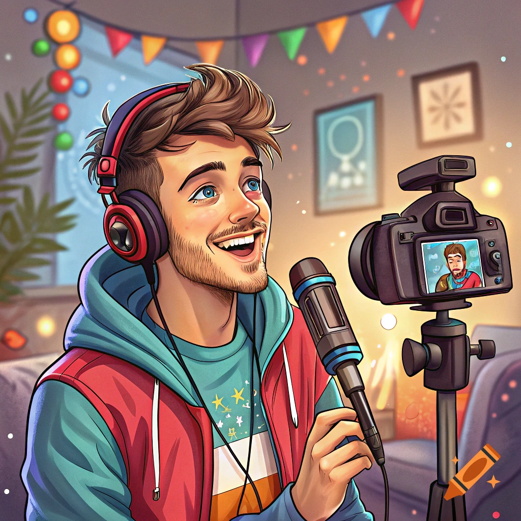 Cartoon illustration of a man recording a video with headphones, microphone, and camera in a festive room.