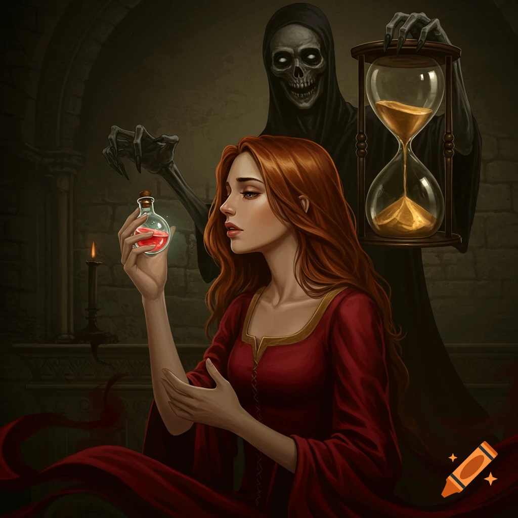 A woman in a red dress holds a glowing potion as a skeletal figure holding an hourglass stands behind her in a dark room.