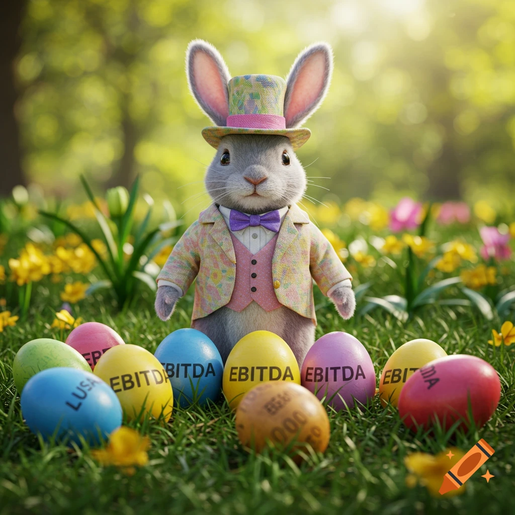 A rabbit in a suit stands among colorful Easter eggs labeled with text in a grassy field.