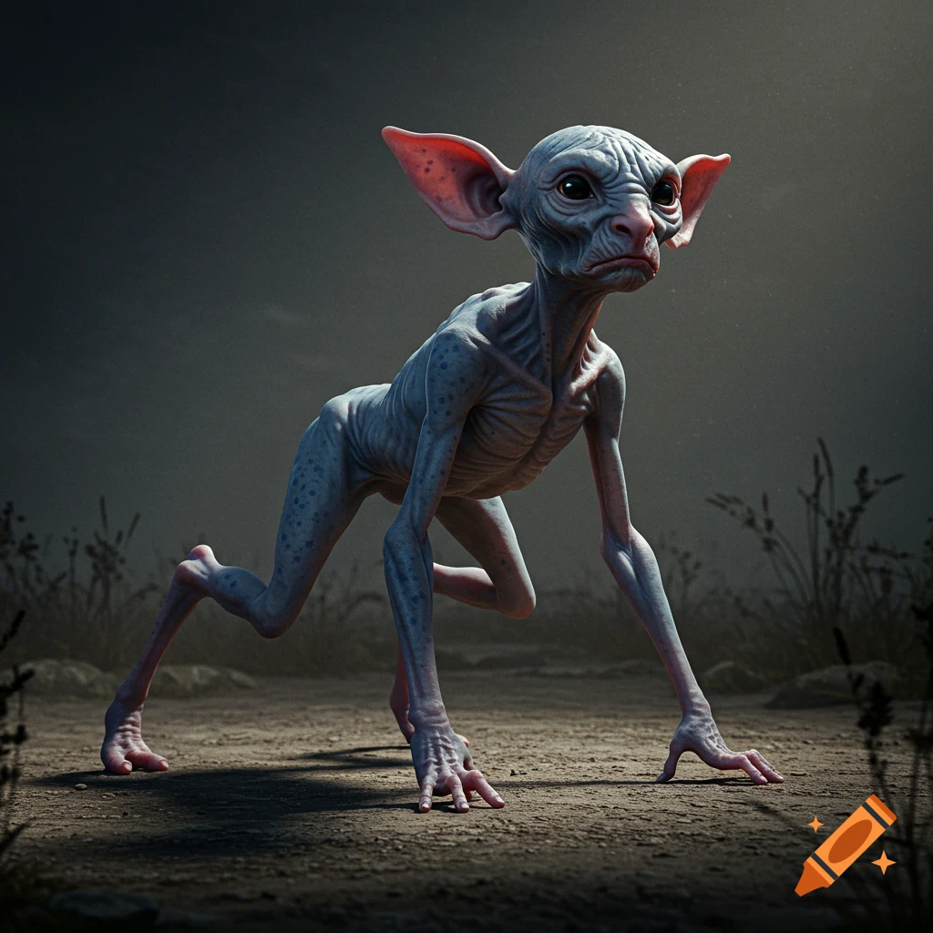 A hairless, skinny blue creature with large ears crawls on a dirt path in a realistic style.