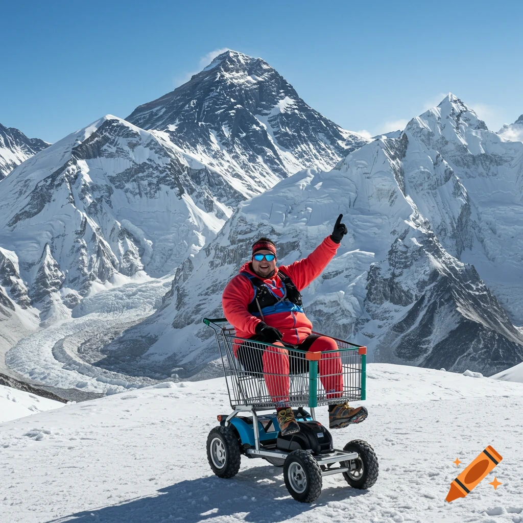 Person in powered shopping cart on snowy mountain slope, pointing up.
