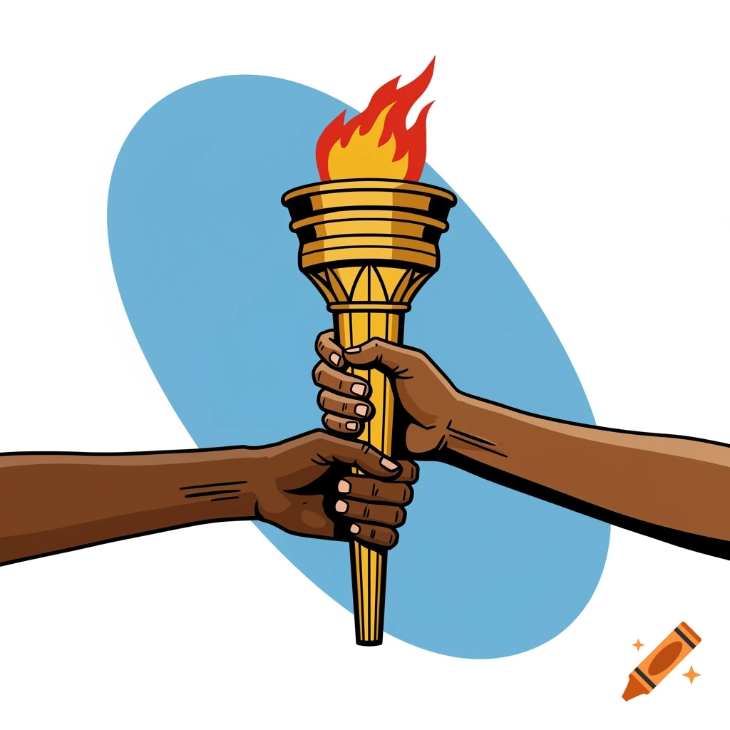 Digital illustration of two hands with different skin tones passing a lit torch.