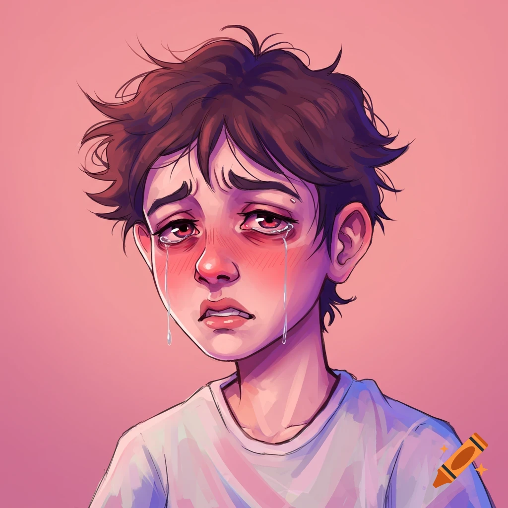 A young person is crying with red eyes and tear streaks.