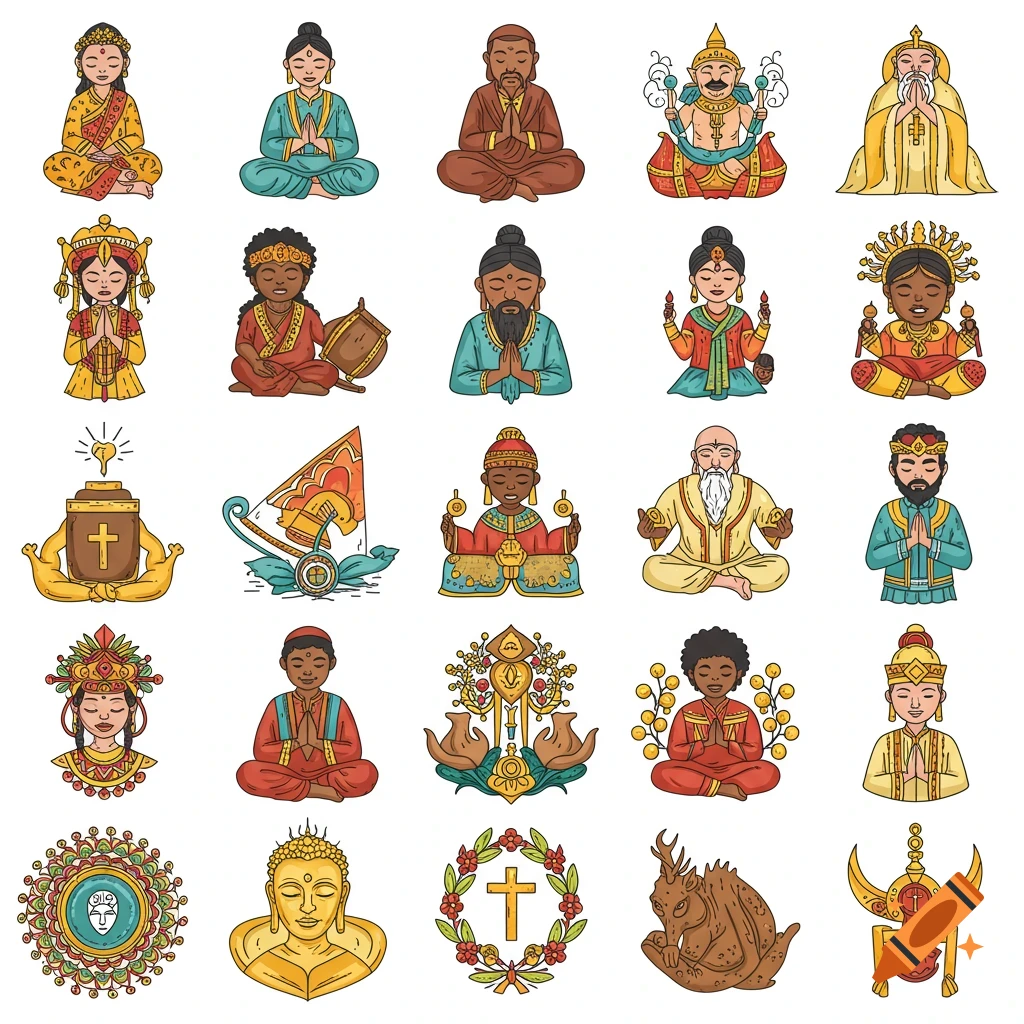 A collection of clip art illustrations depicting diverse cultural and religious figures and symbols.