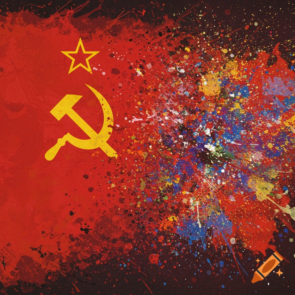 Soviet Union flag dissolving into colorful paint splatters.