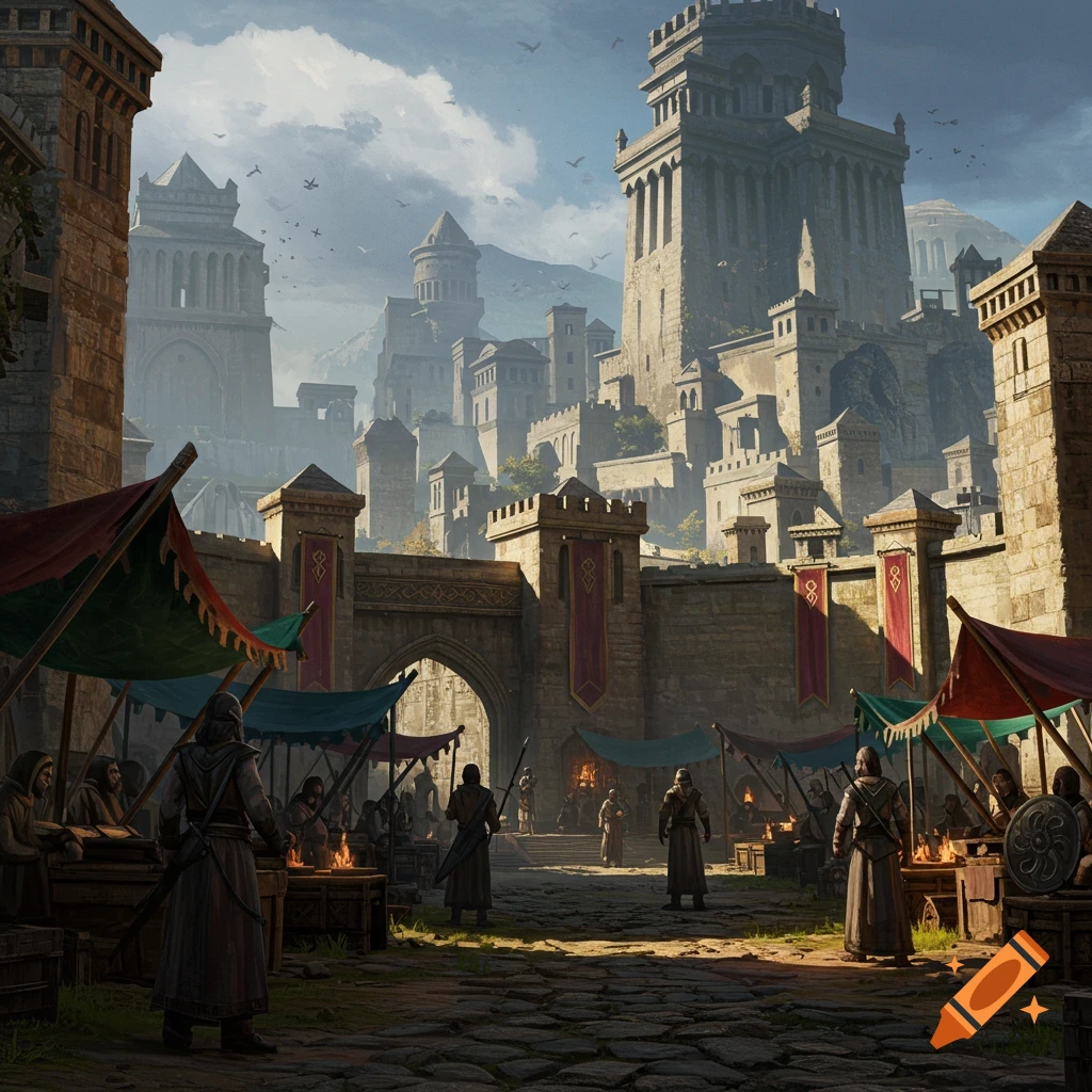 A fantasy city entrance with market stalls and towers in the background.