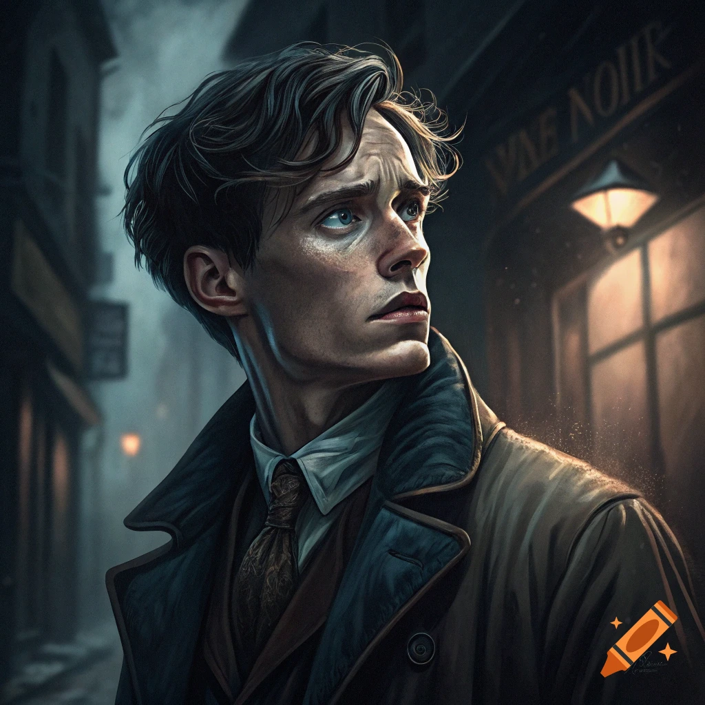 Illustrative portrait of a man in a trench coat looking worried on a misty night street.