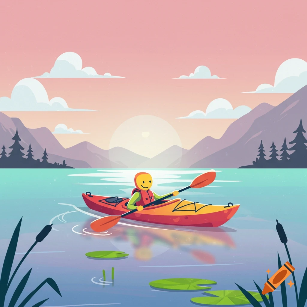 Cartoon figure kayaking on a lake at sunset, digital illustration