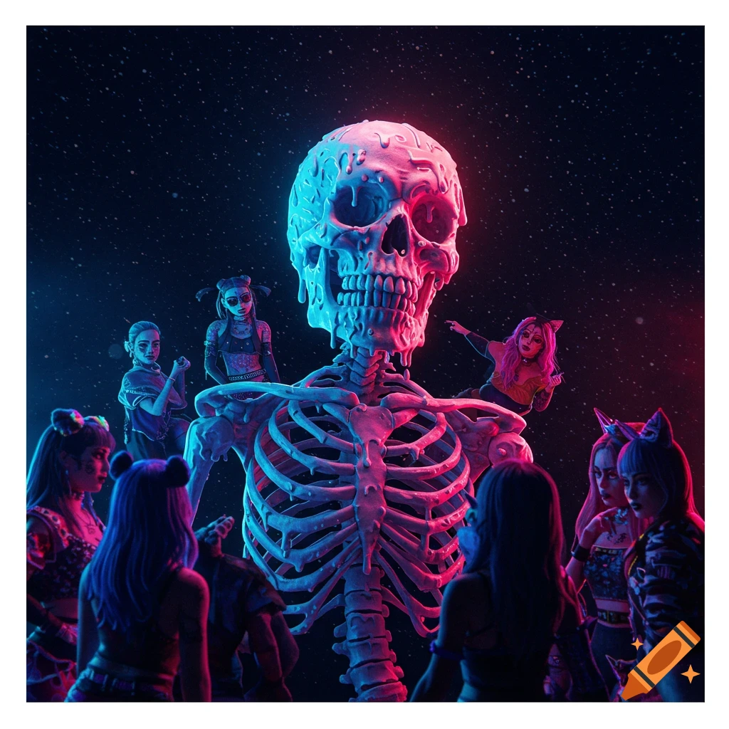 A large dripping skeleton surrounded by costumed figures under a starry sky with neon lighting.