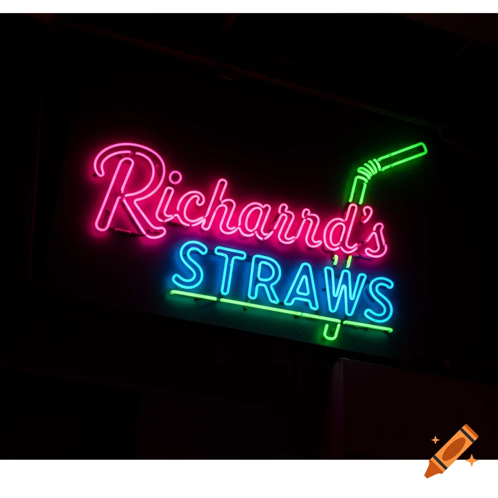 A neon sign glows pink, blue, and green, displaying the text "Richard's STRAWS" and a bending straw graphic.
