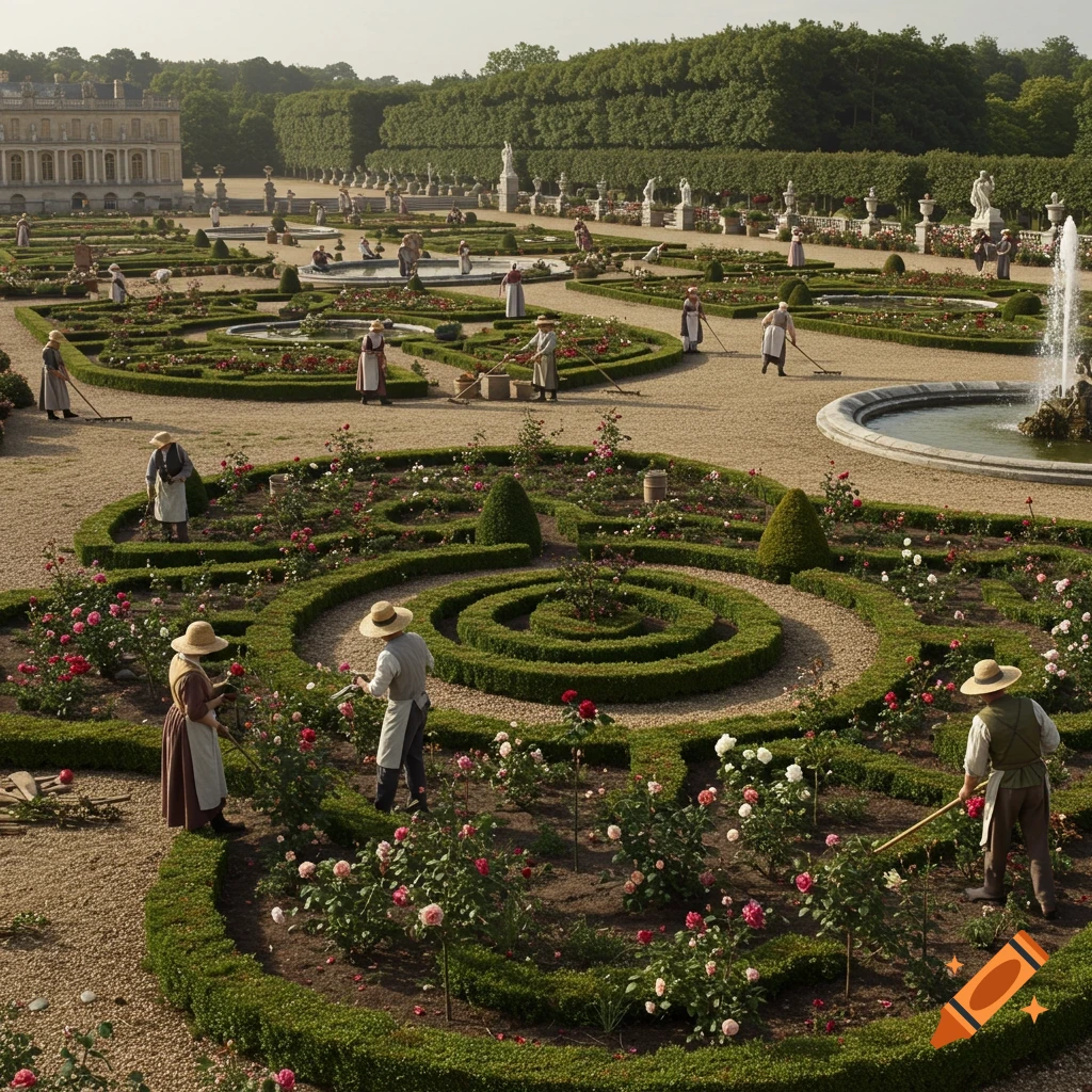 A realistic photo of the Versailles gardens with multiple gardeners tending to rose bushes and hedges.