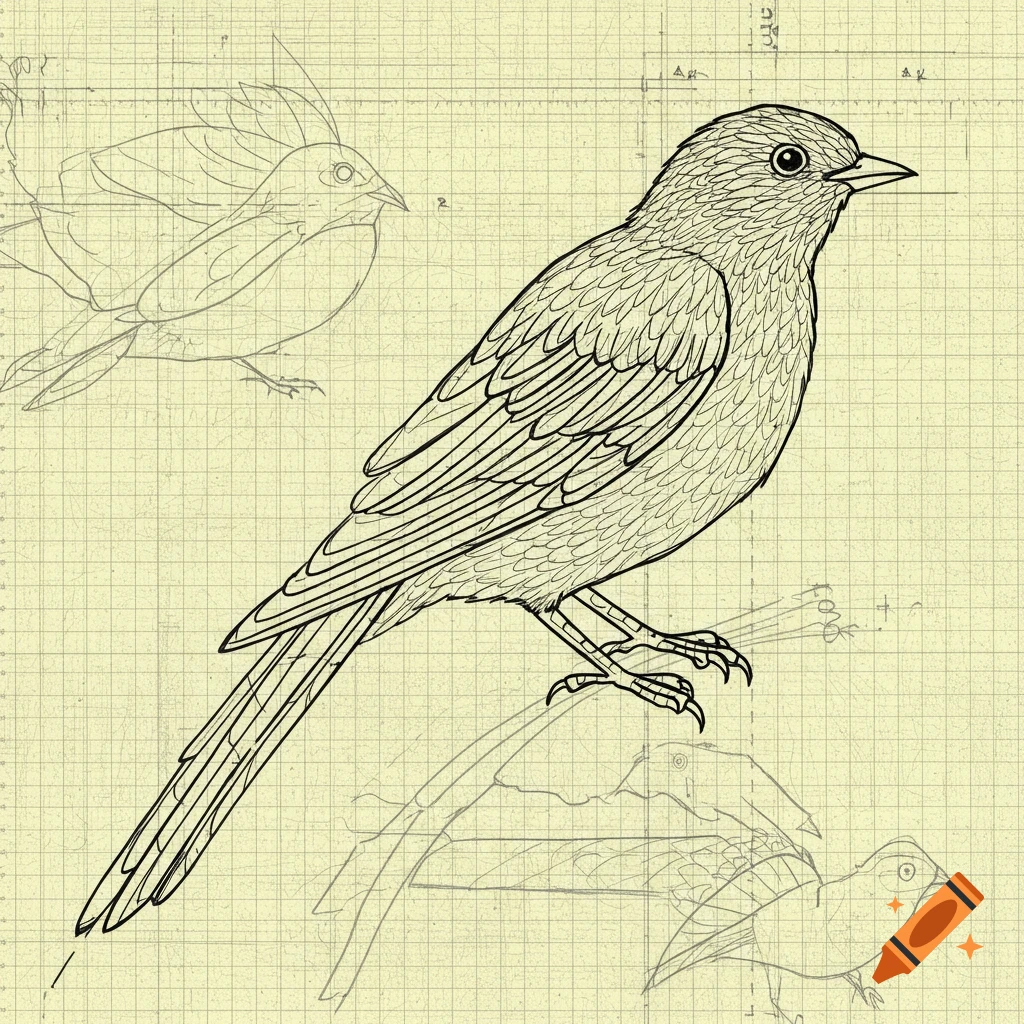 Black and white line drawing of a bird on graph paper, with faint sketch lines.