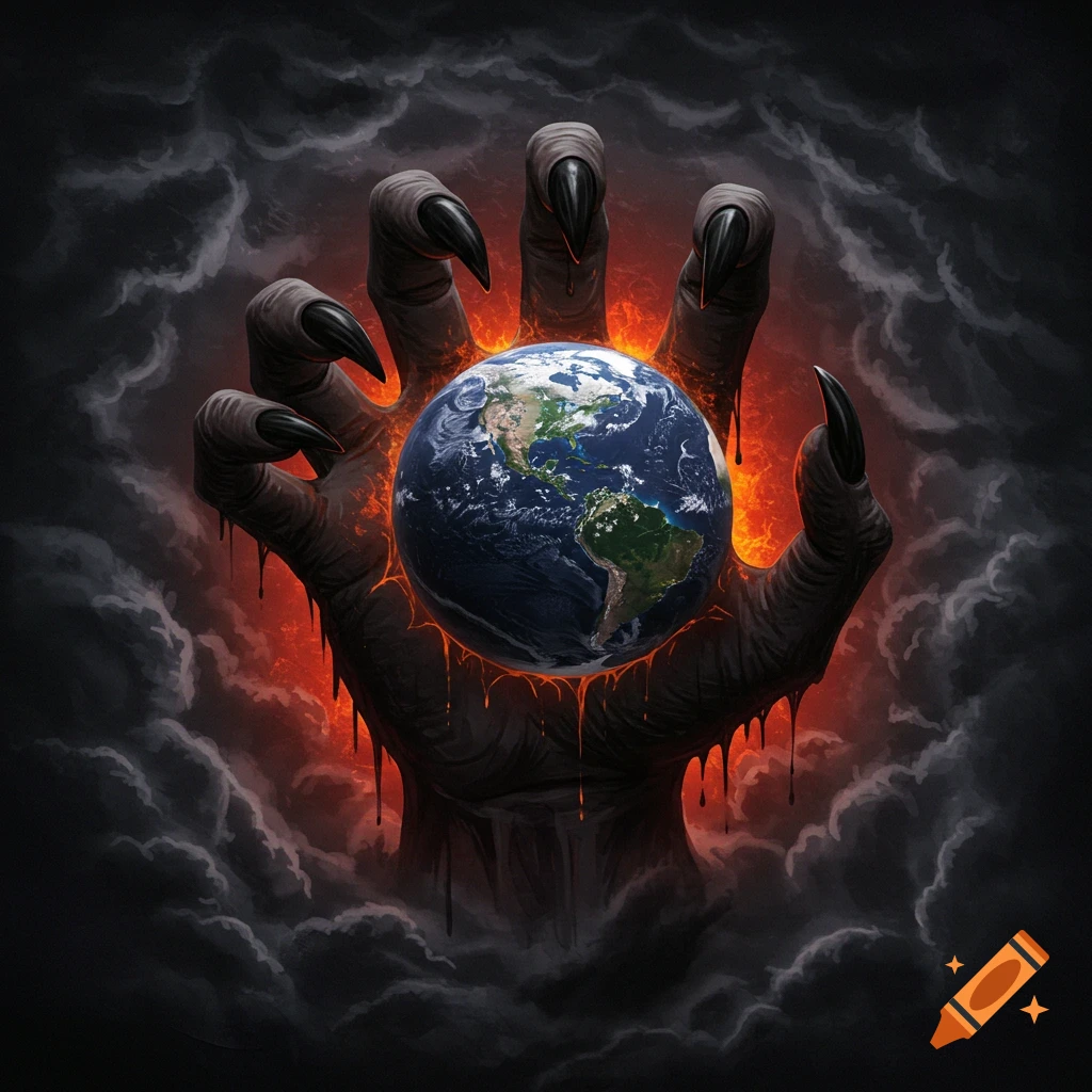 A dark, clawed hand holding the Earth engulfed in fire, surrounded by smoke.