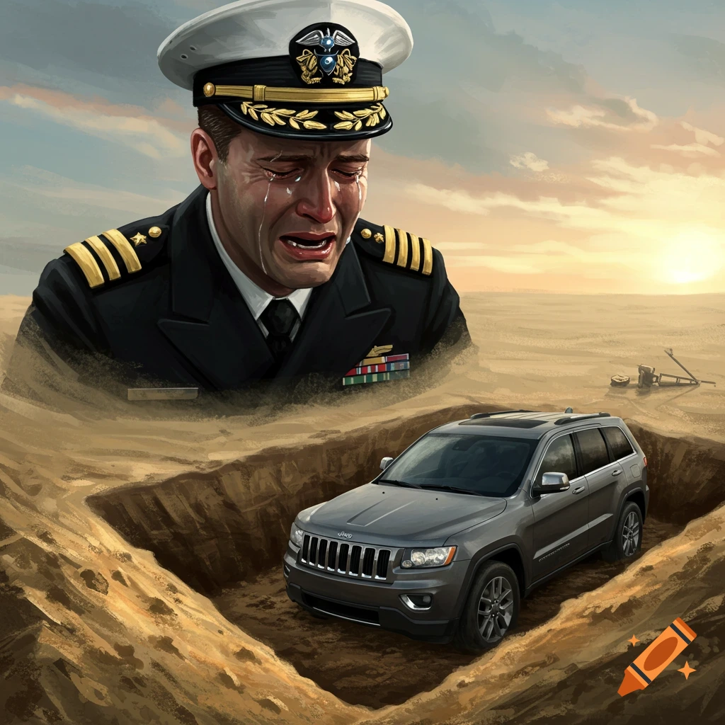 A crying naval officer looking at a gray Jeep in an open grave in the desert at sunset.