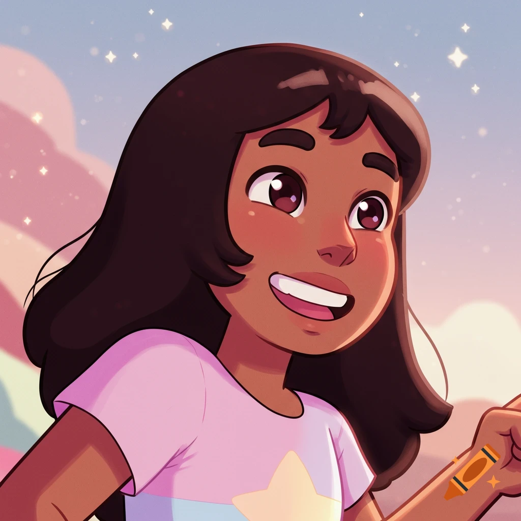 A cartoon portrait of a girl with brown hair in the Steven Universe style, smiling and looking up against a pink and blue sky.