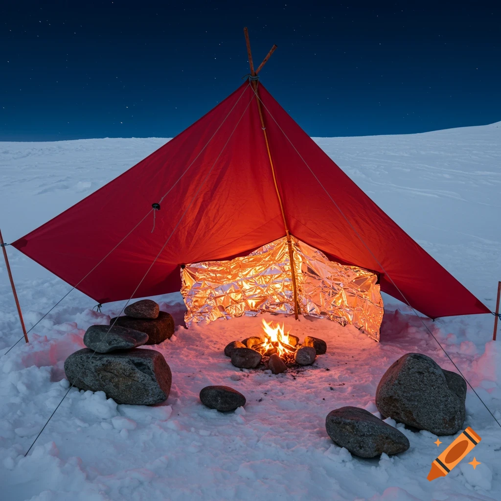 A red tarp shelter glows from a fire pit surrounded by rocks in the snow under a starry night sky.