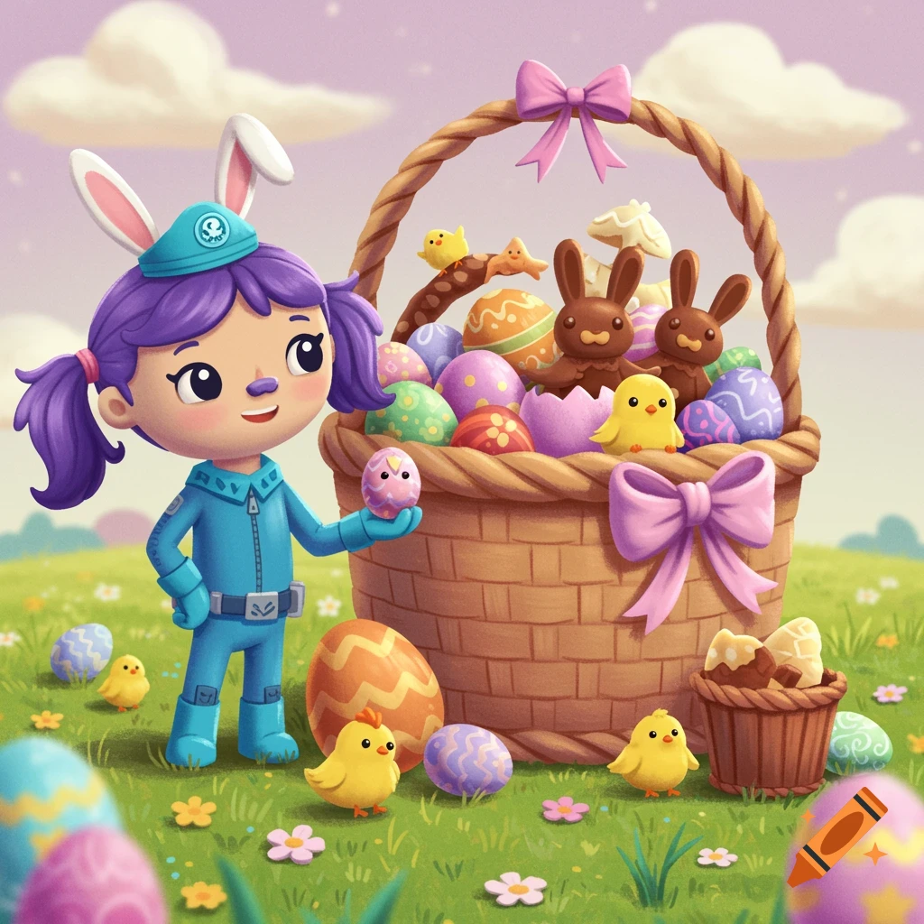 Cartoon Octonauts character Tweak holds an Easter egg next to a basket overflowing with eggs, chocolate bunnies, and chicks in a grassy field.