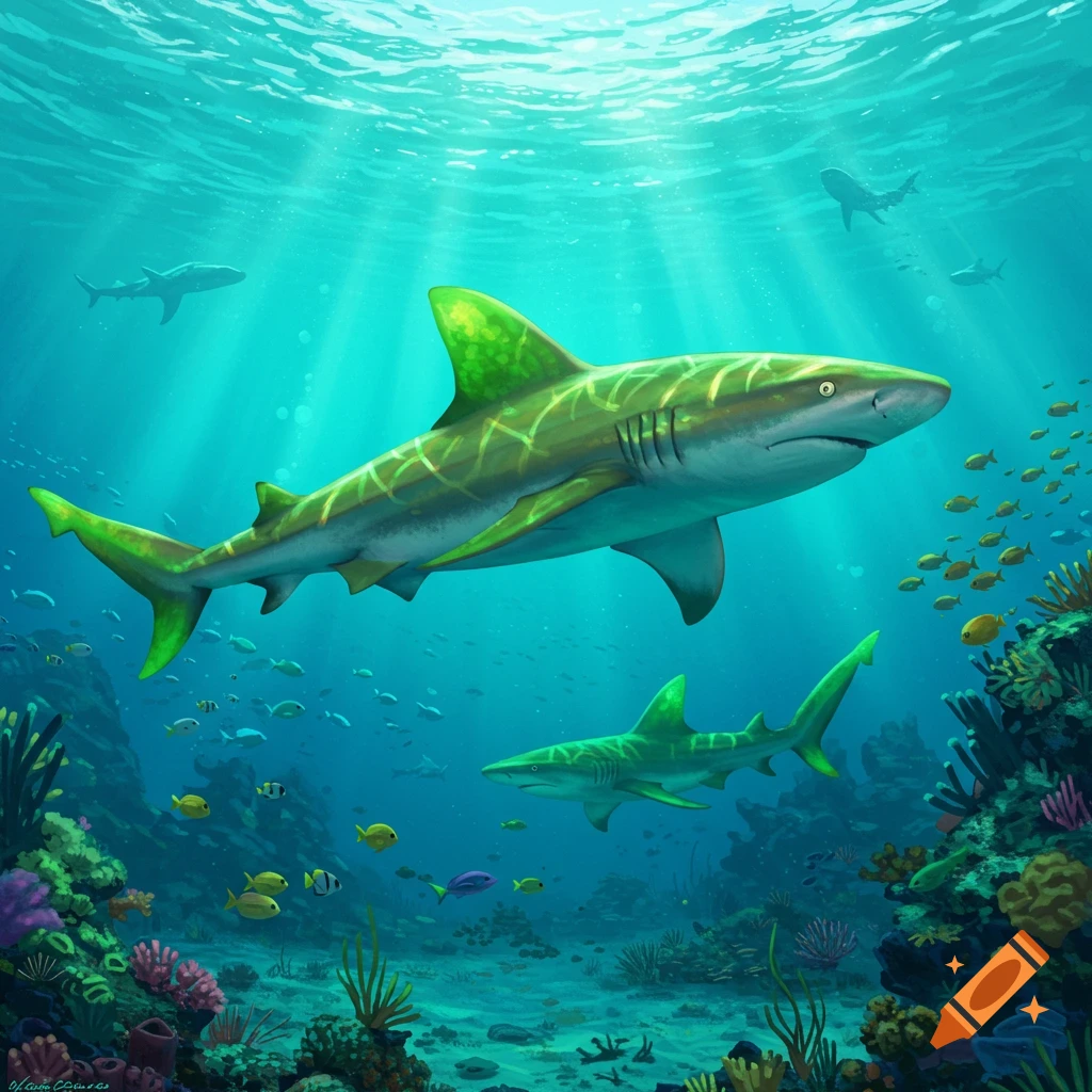 Green-finned sharks swim among fish and coral in a sunny underwater scene.